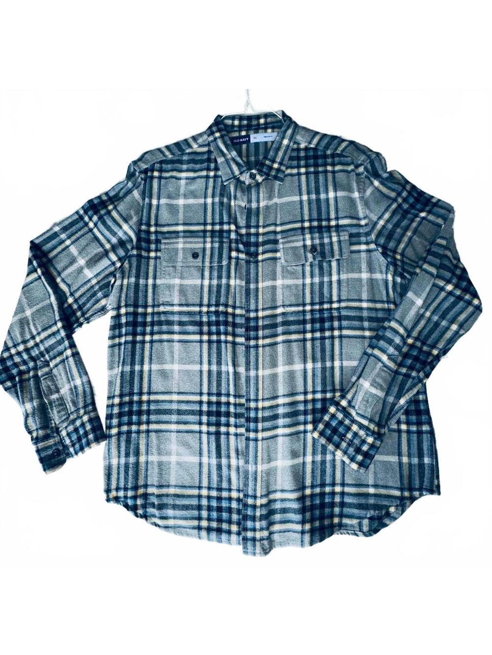 Old Navy Mens XL Regular Fit Blue Gray Plaid Flannel Shirt Long Sleeve And Soft